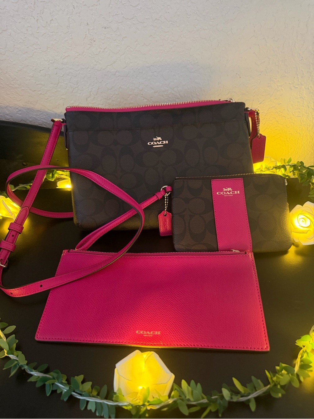Coach Signature Crossbody Trio Hot Pink Accents with matching Wristlet